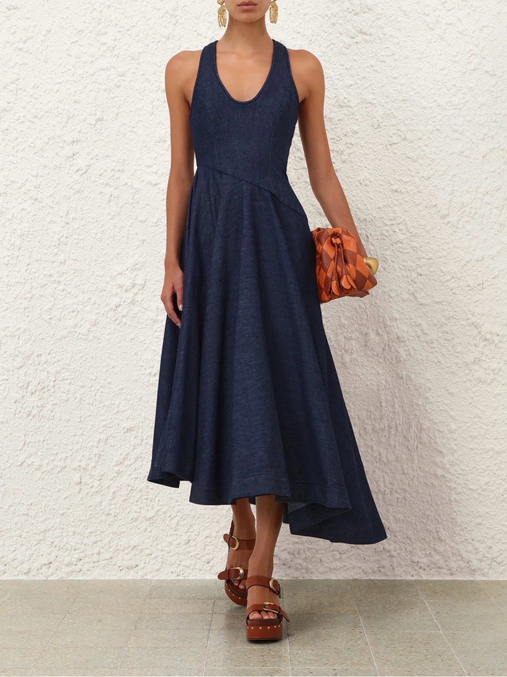 ZIMMERMANN Kindred Spirit Asymmetric Denim Midi Dress, Zimmermann Size 0, NWT
